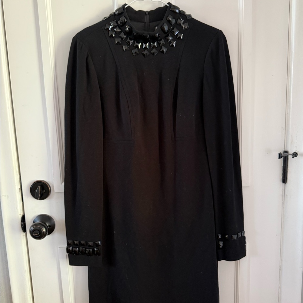 Trina Turk Elegant Black Dress with Embellished Neckline and sleeves